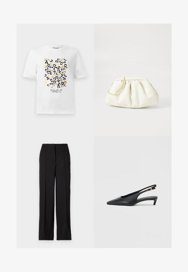 Weißes T-Shirt mit einem Leopardenmuster in Schwarz und Gold, das einen Text enthält, der lautet: "finde mich dort, wo die wilden Dinge sind."; Schwarze Hose mit geradem Bein, ausgestattet mit zwei vorderen Falten, einem Bund und ohne sichtbare Taschen oder Verzierungen.; Schwarze Slingback-Pumps mit spitzer Zehe, glatter Lederoberfläche, niedrigem Kitten-Absatz und einem Riemen mit einem metallenen Schnallenakzent.; Weiße Lederhandtasche mit einem gerafften Design, ausgestattet mit einem goldenen Kettenriemen und einer runden Form. Glatte Textur mit sanften Falten und ohne Muster.