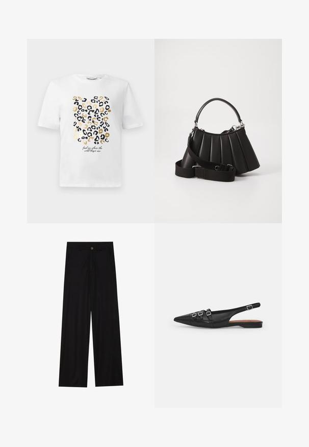 Weißes T-Shirt mit einem Leopardenmuster in Schwarz und Gold, das einen Text enthält, der lautet: "finde mich dort, wo die wilden Dinge sind."; Schwarz weit geschnittene Hose aus einem glatten Stoff, mit frontalen Taschen und einem Knopfverschluss an der Taille. Minimalistisches Design ohne Muster.; Schwarze Leder-Slingback-Ballerina mit spitzem Zeh, ausgestattet mit zwei horizontalen Riemen und quadratischen silbernen Schnallen, mit flachem Absatz und glatter Oberfläche.; Schwarze, gefaltete Handtasche mit einem runden Griff, verstellbarem Schulterriemen und glänzender Textur. Verfügt über silberne Hardware und eine strukturierte Silhouette.