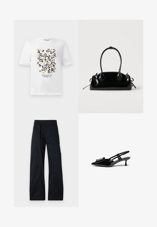 Weißes T-Shirt mit einem Leopardenmuster in Schwarz und Gold, das einen Text enthält, der lautet: "finde mich dort, wo die wilden Dinge sind."; Schwarze Cargo-Hosen mit weitem Bein, ausgestattet mit mehreren großen Taschen, einem geschnittenen Bund und einer glatten Baumwolltextur.; Schwarze Lackleder-Slingbacks mit spitzer Zehenpartie, einer Schleifendetail an der Vorderseite und einem kleinen Stiletto-Absatz. Die Riemen haben verstellbare Schnallen.; Kleine schwarze glänzende Handtasche mit zwei langen Griffen und seitlichen Kordelzug-Details vor einfachem hellem Hintergrund.