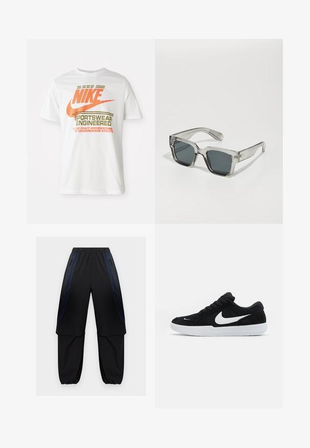 Valge puuvillane T-särk, millel on suur oranž "NIKE" logo ja roheline tekst "SPORTSWEAR ENGINEERED" koos täiendavate spetsifikatsioonidega.; Mustad ja tumesinised tööpüksid elastse vöökoha ja mansettidega, millel on lukuga küljetaskud ja reitel kihilised kangasdetailid.; Musta sametist spordikingad valgete detailidega, ümmarguse varbaga, paksu valge tallaga ja mustade paeltega. Eeskujulik valge Nike logo küljes.; Selged, ülemõõdulised prillid tumedate läätsedega, massiivse ristkülikukujulise raami ja tekstuursete templite aktsentidega. Valmistatud läbipaistvast plastikust.