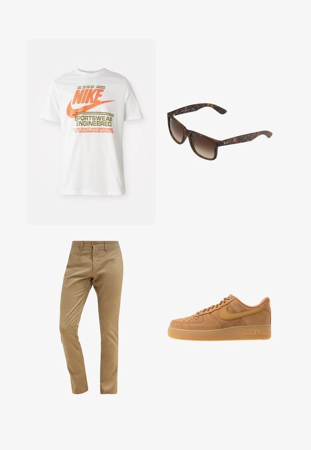 Valge puuvillane T-särk, millel on suur oranž "NIKE" logo ja roheline tekst "SPORTSWEAR ENGINEERED" koos täiendavate spetsifikatsioonidega.; Beige chino püksid, millel on sile tekstuur, kitsas lõige, nööbiga sulgemine ja vöörihmade aasad, klassikalise esiosa tasku kujundusega.; Nike Sportswear AIR FORCE 1 07 - Tossud - flax/wheat/light brown/black/team gold; Kilpkonnakilbi päikeseprillid pruunide ääretud läätsedega, ristkülikukujulised, paksud raamid ja hõbedane logoaksent külgedel.
