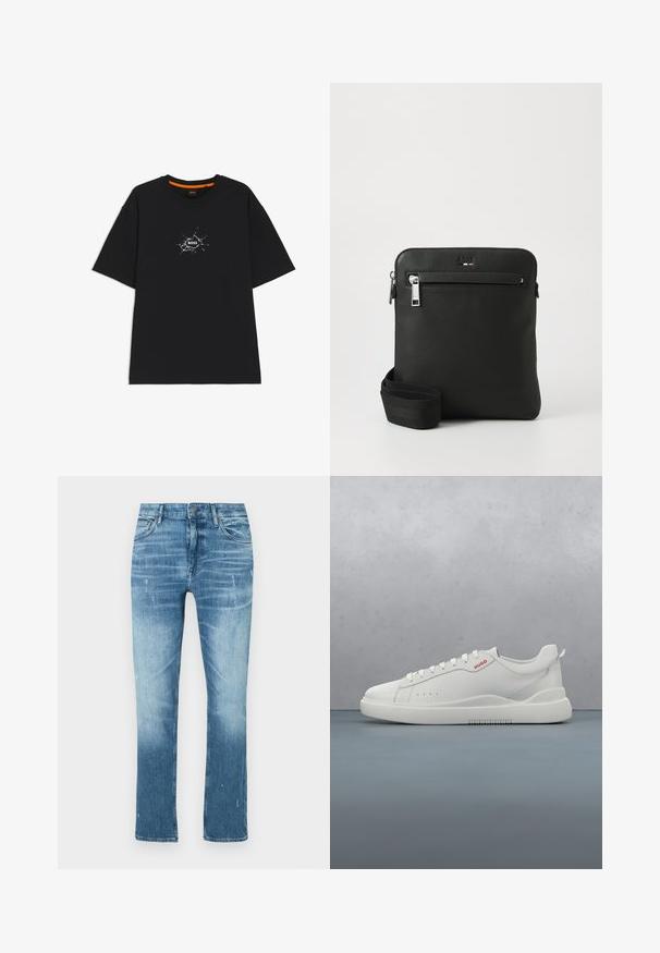 Schwarzes T-Shirt mit kurzen Ärmeln und Rundhalsausschnitt, in der Mitte ein weißes, rissartiges grafisches Motiv mit dem Wort "BOSS".; Himmelblaue Straight-Leg-Jeans aus Denim mit einem ausgewaschenen Finish, subtilen Used-Effekten und traditionellem Fünf-Taschen-Design.; Weiße Sneaker aus glattem Leder, runde Spitze, vier Ösen, dezente Perforationen und ein rotes Logodetail an der Seite.; Schwarze Leder-Umhängetasche mit flachem Design, strukturierter Oberfläche, Reißverschluss, Vordertasche und verstellbarem Stoffriemen.
