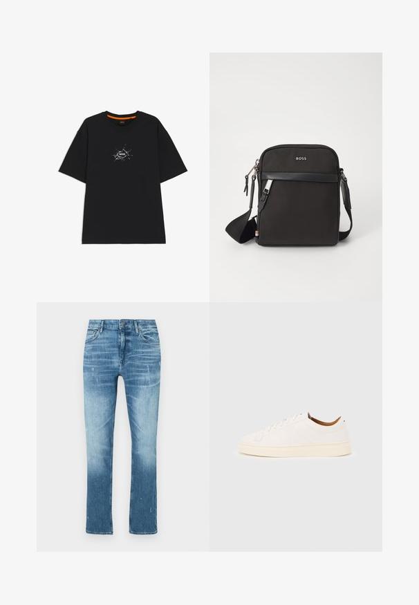 Schwarzes T-Shirt mit kurzen Ärmeln und Rundhalsausschnitt, in der Mitte ein weißes, rissartiges grafisches Motiv mit dem Wort "BOSS".; Himmelblaue Straight-Leg-Jeans aus Denim mit einem ausgewaschenen Finish, subtilen Used-Effekten und traditionellem Fünf-Taschen-Design.; Weißer Sneaker mit niedrigem Schaft und Schnürdesign, minimalen Nähten und einer cremefarbenen Sohle auf hellgrauem Hintergrund.; Schwarze Umhängetasche aus strukturiertem Stoff, mit Logo auf der Vorderseite, Reißverschluss und verstellbarem Tragegurt. Verfügt über eine glatte Lederbesatz.