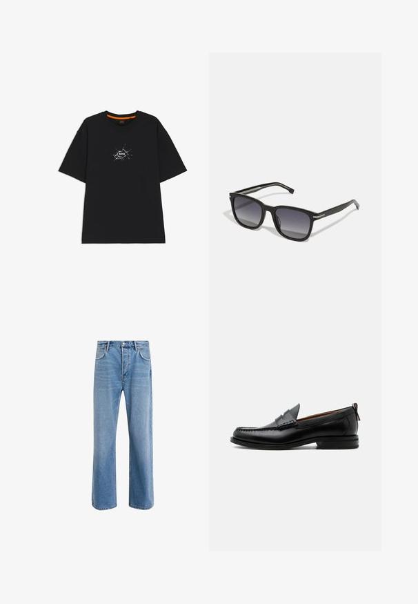 Schwarzes T-Shirt mit kurzen Ärmeln und Rundhalsausschnitt, in der Mitte ein weißes, rissartiges grafisches Motiv mit dem Wort "BOSS".; Helle blaue Jeans im Geradeschnitt-Design, mit fünf Taschen, Knopfverschluss, minimaler Ausbleichung und kontrastierenden Nähdetails.; Schwarzer Leder-Herrenschuh mit Mokassinnaht, Penny-Riemen, strukturiertem Kragen und niedrigem gestapeltem Absatz auf weißem Hintergrund.; BOSS Sonnenbrille - black