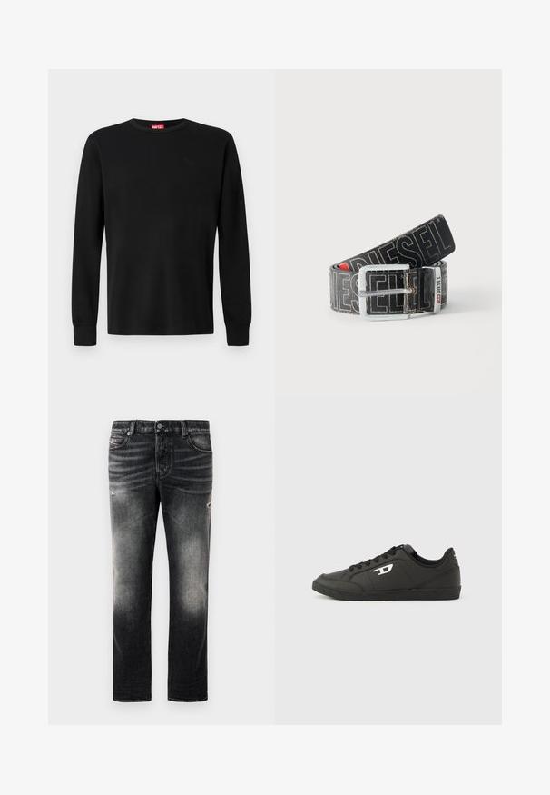 Sort langærmet t-shirt lavet af blødt stof, med rund halsudskæring og et diskret logo i sort på brystet. Enkel design, almindelig pasform.; Sorte jeans med en falmet finish og slidte detaljer, standard fem-pockets design og lynlås. Lavet af denim stof.; Sorte syntetiske sneakers med en struktureret sort sål, rund tå og flade sorte snørebånd. Fremtrædende hvidt logo på ydersiden.; Sort Diesel-bælte med stor hvid logo tekst, rektangulært sølvspænde og brandet metal-loop detalje, rullet sammen på en lys baggrund.