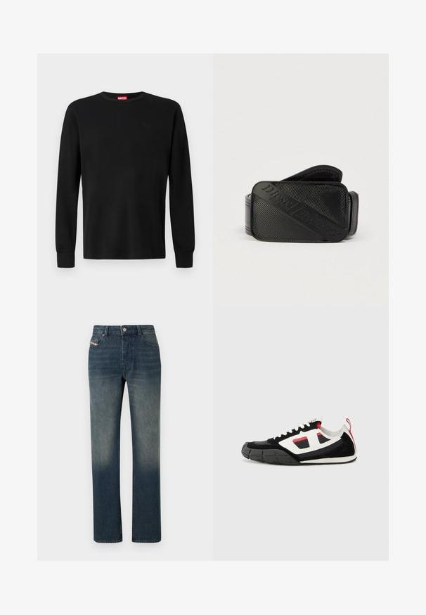 Sort langærmet t-shirt lavet af blødt stof, med rund halsudskæring og et diskret logo i sort på brystet. Enkel design, almindelig pasform.; Blå denimjeans med lige ben, falmet vask, forreste knap- og lynlås lukning samt fem-lomme design.; Diesel S PAGODHA LOW - Sneakers - black; Sort bælte med et struktureret design og et fremtrædende præget logo. Materialet virker glat med en læderlignende finish.