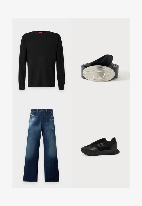 Sort langærmet t-shirt lavet af blødt stof, med rund halsudskæring og et diskret logo i sort på brystet. Enkel design, almindelig pasform.; Bredde denim jeans i mørkeblå med slidte områder, distressed detaljer og flossede kanter. Fire lommer og knaplukning.; Sort lavt snøresko med struktureret sål, mesh- og læderoverdel, snørebånd foran og et lille præget logo på sidepanelet.; Sort rullet læderbælte med stor oval sølvspænde med et hævet abstrakt geometrisk design.