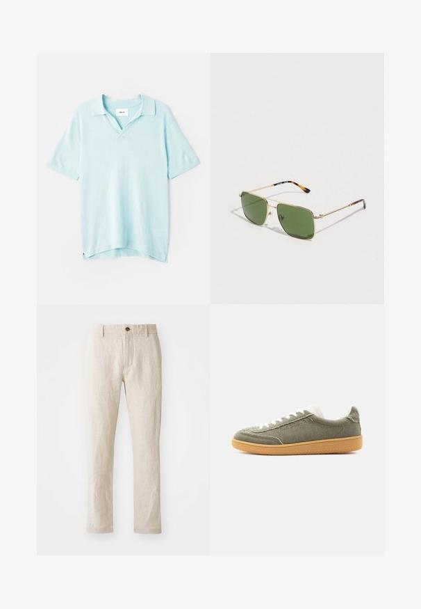 Polo shirt à manches courtes de couleur bleu clair, avec un col en V, coupe décontractée, texture douce et fentes latérales pour faciliter les mouvements.; Pantalons en lin beige à coupe slim, dotés d'une fermeture à un seul bouton marron, de jambes droites et d'une finition en tissu texturé.; Baskets basses décontractées avec dessus en tissu vert olive, lacets blancs, col rembourré et semelle en gomme, présentées sur un fond uni.; Lunettes de soleil à monture en métal doré avec des verres rectangulaires verts et des embouts en écaille de tortue sur les branches, posées sur un fond clair uni.