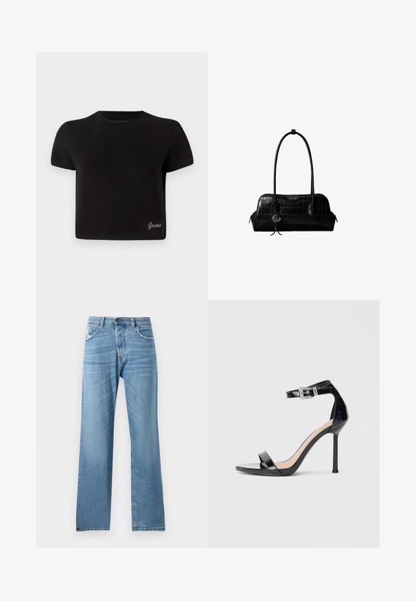 T-shirt noir à manches courtes en coton. Il présente un col rond et un petit logo "Guess" en argent en bas à gauche.; Jeans en denim bleu clair avec une coupe droite, dotés d'une taille standard, de cinq poches et d'un léger dégradé sur le tissu.; Sandale à talon haut en cuir verni noir avec bride à la cheville. Présente un design minimaliste, un bout ouvert et une boucle ornée de strass.; Sac à épaule en cuir noir à texture crocodile, avec de longues sangles et un petit charm logo argenté sur une sangle.