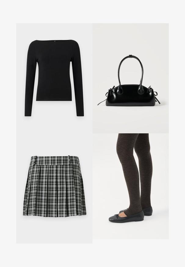 Blusa negra de manga larga con escote barco, hecha de un tejido suave. Diseño sencillo sin patrones ni acentos.; Falda plisada de cuadros en blanco y negro con una cintura suave y múltiples pliegues verticales. Fabricada en un tejido ligero.; Piernas con leggings oscuros acanalados combinados con bailarinas negras que presentan pequeños detalles de lazo sobre un fondo blanco.; Pequeño bolso negro brillante con dos asas largas y detalles de cordón lateral sobre un fondo claro liso.