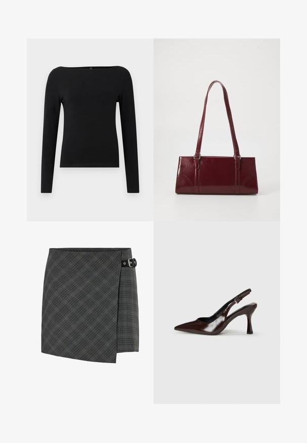 Sort langærmet bluse med bådudskæring, lavet af glat stof. Simpelt design uden mønstre eller accenter.; Mørkegrå ternet uld wrap nederdel med sort spænde detalje på højre side, lige kant og subtil diagonalt mønster.; Brune patenterede læderslingback-sandaletter med spids tå, en tynd hæl og justerbar rem med en lille spænde.; Bordeaux håndtaske lavet af glansfuldt materiale, rektangulær form, med to skulderremme og subtile buede detaljer på forsiden.