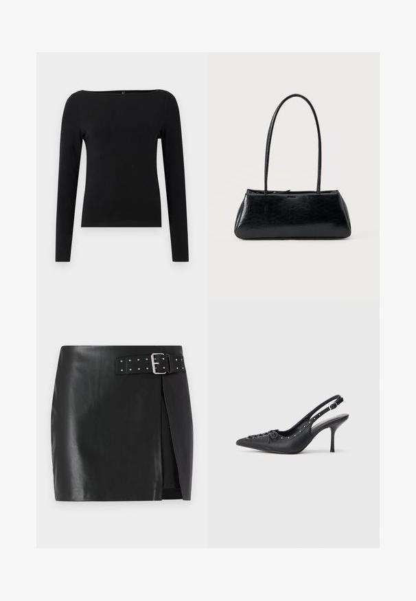 Blusa negra de manga larga con escote barco, hecha de un tejido suave. Diseño sencillo sin patrones ni acentos.; Minifalda de piel sintética negra con cinturón ajustable que presenta una hebilla de plata y detalles de tachuelas, diseño de envoltura frontal y textura suave.; Sandal de tacón stiletto negro de cuero con punta afilada, correa lateral con hebilla, tachuelas a lo largo del borde y cordones decorativos en la parte delantera.; Bolso de hombro rectangular negro con correas largas y delgadas y una textura lisa y brillante sobre un fondo liso.