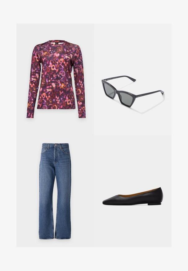 Langarmshirt met een levendig, draaimal patrone in paarse, roze en oranje tinten. Gemaakt van zachte stof met een ronde hals.; Blauwe denim jeans met een hoge taille, wijde pijpen, klassiek vijf-pocket ontwerp en subtiele vervagingen in de stof.; Zwarte leren puntschoen met lage hak en gladde afwerking, zijaanzicht op een lichtgrijze achtergrond.; Zwarte plastic zonnebril met een geometrische cat-eye vorm, donkergrijze lenzen en een matte afwerking. Bevat zilveren branding op de poten.