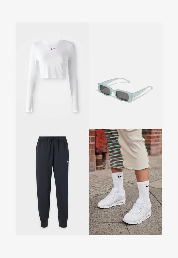 Dlhý rukáv, skrátený atletický top z bielej látky, na hrudi má čierne logo Nike, hladký povrch a priliehavý strih.; Čierne tepláky Nike s elastickým pásom a šnúrkou, zúžené nohavice, lemovanie na členkoch a malý biely Nike znak na pravom stehne.; Biele tenisky Nike Air Max 90 s vrchnou časťou z kombinácie sieťovaného a koženého materiálu, s viditeľnou vzduchovou jednotkou, v kombinácii s bielymi rebrovanými ponožkami s čiernym logom.; Párik obdĺžnikových slnečných okuliarov s svetlomodrými priehľadnými rámami a tmavosivými sklami, s rovnými stranami a minimálnymi hardvérovými detailmi.