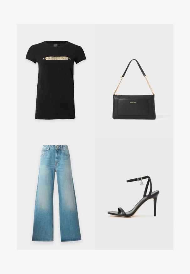 T-shirt noir à manches courtes avec texte doré "ARMANI EXCHANGE" centré sur la poitrine et col rond.; Jean large en denim bleu clair avec taille haute, design à cinq poches et décoloration subtile le long des cuisses. Détails en métal couleur cuivre.; Sandale à talon haut noire avec une bride étroite à la cheville, bout carré, cuir lisse et accent de boucle métallique.; Pochette en cuir noir avec une texture en relief, bandoulière en chaîne dorée et une poche avant. Elle arbore un logo doré sur le devant.