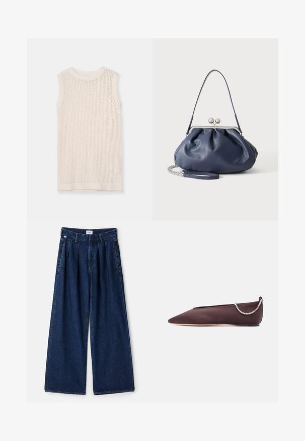 Haut sans manches en tricot de couleur crème clair, présentant un motif en maille et un col et un ourlet côtelés. Sa texture douce améliore la respirabilité et le confort.; Pantalon en denim bleu à jambe large avec plis, doté d'une taille haute, de poches avant et d'une finition texturée. Le tissu est épais et robuste.; Chaussure plate marron foncé à bout pointu avec un petit talon et un détail chaîne en strass argentée à l'arrière.; Sac à main en cuir bleu marine doux avec fermeture à boucle argentée, une seule bandoulière, et une chaîne de poignet amovible sur fond blanc.