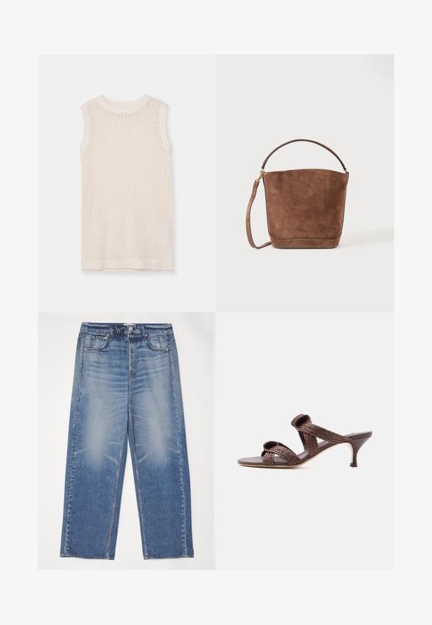 Haut sans manches en tricot de couleur crème clair, présentant un motif en maille et un col et un ourlet côtelés. Sa texture douce améliore la respirabilité et le confort.; Jean en denim bleu à coupe décontractée, avec un devant délavé, cinq poches et une fermeture à bouton. Présente un bouton argenté et des surpiqûres contrastées.; Sandale mule en cuir tressé marron avec deux brides et un petit talon bas sur fond blanc uni.; Sac seau en daim marron avec un dessus arrondi, une anse courte unique et une longue bandoulière amovible sur un fond uni.