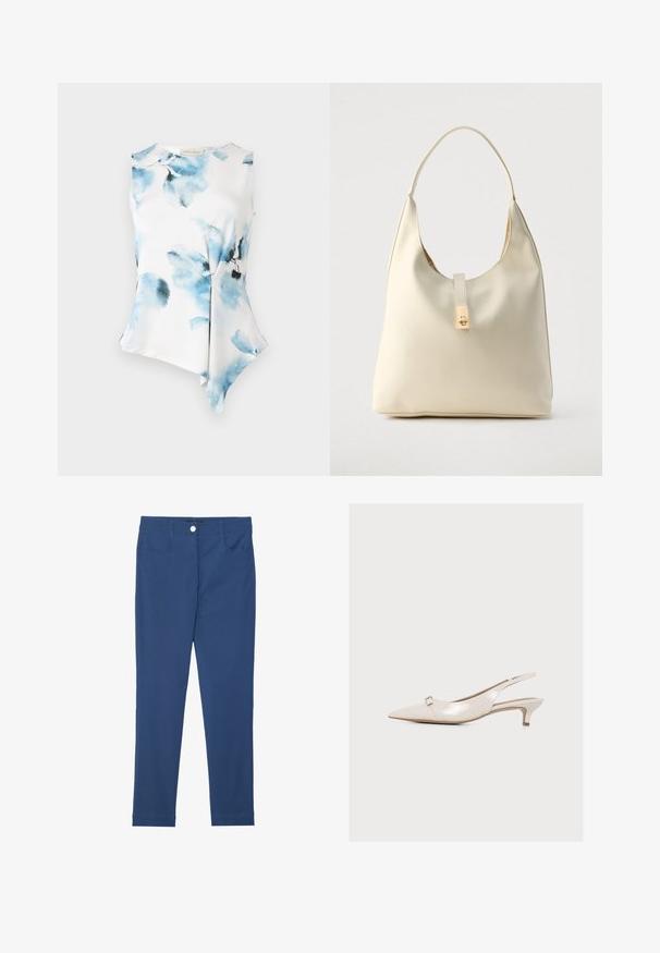 Blusa sin mangas con un dobladillo asimétrico, hecha de un tejido suave y ligero. Presenta un patrón de flores en acuarela en tonos azules sobre un fondo blanco.; Pantalones ajustados azules de mezcla de algodón, con botón en la parte frontal, cremallera, dos bolsillos y una textura limpia y suave.; Zapato slingback beige brillante con puntera puntiaguda, tacón bajo tipo kitten y pequeña hebilla decorativa sobre un fondo claro liso.; Bolso hobo de cuero color crema con una sola correa para el hombro, textura suave y detalle de cierre metálico dorado en el frente.