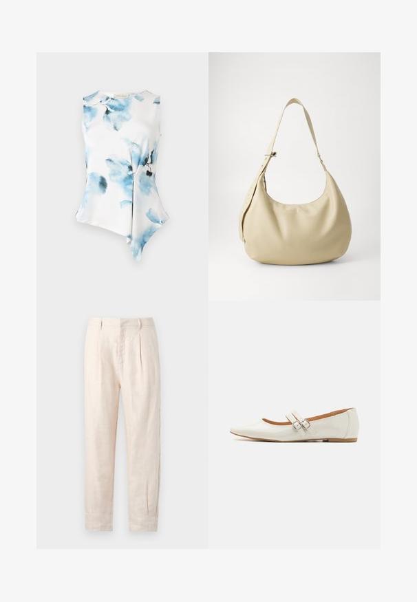 Blusa sin mangas con un dobladillo asimétrico, hecha de un tejido suave y ligero. Presenta un patrón de flores en acuarela en tonos azules sobre un fondo blanco.; Pantalones de lino beige claro con corte recto, que presentan dos pliegues frontales, bolsillos laterales y una superficie ligeramente texturizada.; Bailarinas de charol blanco con punta afilada, dos tiras decorativas con hebillas plateadas y una plantilla sutilmente marrón.; Bolso de hombro de cuero beige con forma curva, correa ajustable y detalle de logo en relieve, que presenta una textura suave y un diseño minimalista.
