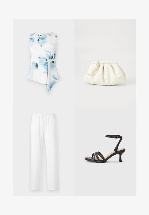 Blusa sin mangas con un dobladillo asimétrico, hecha de un tejido suave y ligero. Presenta un patrón de flores en acuarela en tonos azules sobre un fondo blanco.; Pantalones de lino blancos con un corte relajado, cinturilla elástica con cordón, y piernas rectas; textura suave y tejido ligero.; Sandalias negras de tacón alto con múltiples tiras finas en la parte delantera, una sola tira en el tobillo con un hebilla dorada y punta cuadrada.; Bolso de mano de cuero blanco con un diseño recogido, cuenta con una cadena dorada y forma redondeada. Textura suave con pliegues suaves y sin patrones.