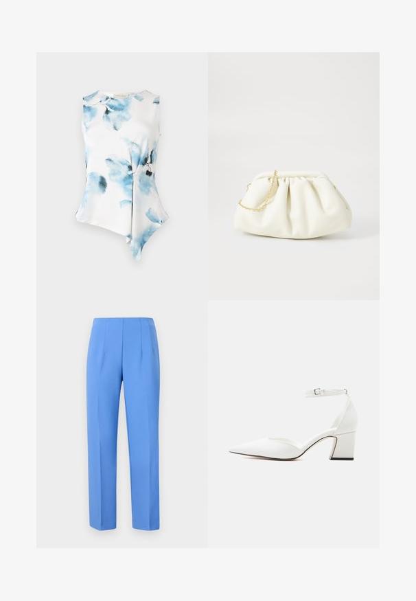 Mouwloze blouse met een asymmetrische zoom, gemaakt van een soepele, lichte stof. Heeft een aquarel bloemenpatroon in blauwe tinten op een witte achtergrond.; Blauwe op maat gemaakte broek van gladde stof met zijplooien, met een rechte snit en een nette tailleband. Geen zichtbare hardware of patronen.; Witte schoenen met spitse neus, midhak, enkelbandje met gesp, glad oppervlak en blokhak op een effen lichte achtergrond.; Witte leren handtas met een geassembleerd ontwerp, voorzien van een gouden kettingband en een ronde vorm. Gladde textuur met zachte plooien en geen patronen.