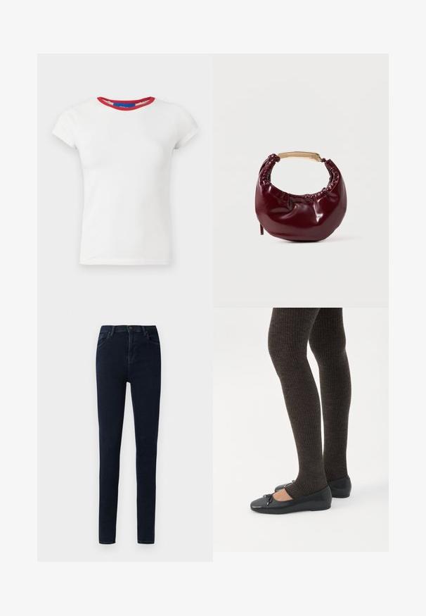 Hvid tætsiddende t-shirt med korte ærmer, rund mørkerød halsudskæring og mærke i kraven.; Mørkeblå skinny jeans med frontknap, lynlås, bæltestropper og for- samt baglommer mod en ensfarvet hvid baggrund.; Ben iført mørke ribbede leggings kombineret med sorte balletsko med små sløjfedetaljer på hvid baggrund.; Bordeaux farvet faux læder handbag med en afrundet form, samling detaljer og et guldtonet metalhåndtag. Glat tekstur og blank finish.