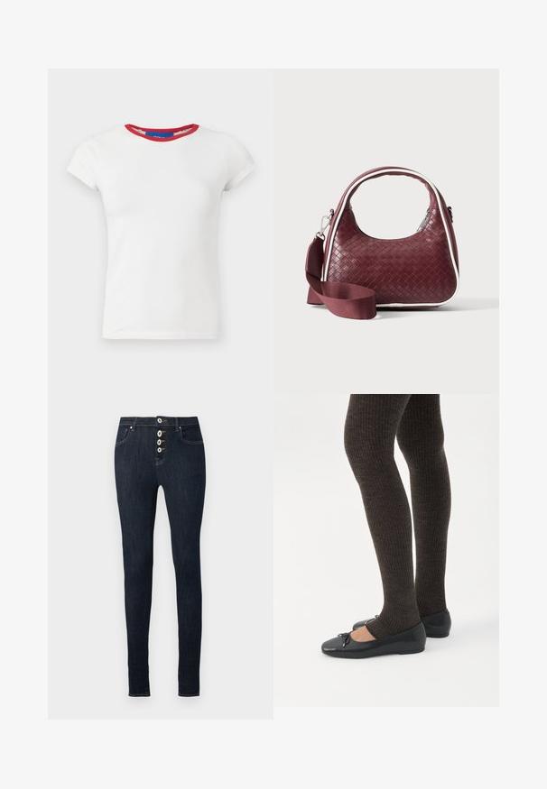 Weißes eng anliegendes T-Shirt mit kurzen Ärmeln, rundem dunkelrotem Halsausschnitt und einer Markenkennzeichnung im Kragen.; Dunkelblaue High-Waist Skinny Jeans mit vier sichtbaren weißen Knöpfen und vorderen Taschen, gezeigt vor einem einfarbigen Hintergrund.; Beine in dunklen, gerippten Leggings kombiniert mit schwarzen Ballerinas mit kleinen Schleifendetails auf weißem Hintergrund.; Dunkelrote gewebte Ledertasche mit gebogenem Griff, weißem Besatz, silbernem Reißverschluss und abnehmbarem breitem Stoff-Schulterriemen vor einfarbigem Hintergrund.