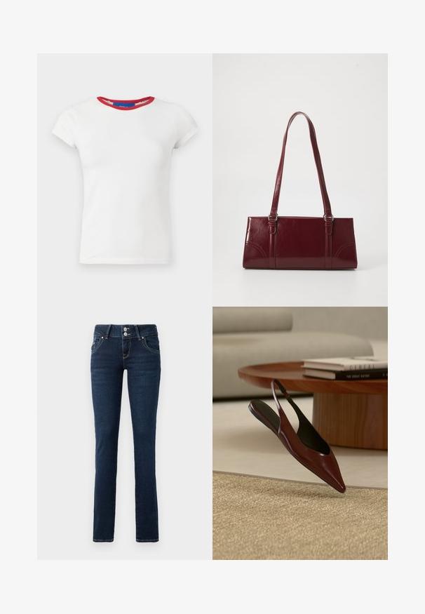 Hvid tætsiddende t-shirt med korte ærmer, rund mørkerød halsudskæring og mærke i kraven.; Mørkeblå skinny jeans med dobbeltknaplukning, frontlommer og gule syninger på hvid baggrund.; Mørkebrun spids slingback, flad sko svæver over et vævet beige tæppe med et rundt bord i træ og bøger i baggrunden.; Bordeaux håndtaske lavet af glansfuldt materiale, rektangulær form, med to skulderremme og subtile buede detaljer på forsiden.
