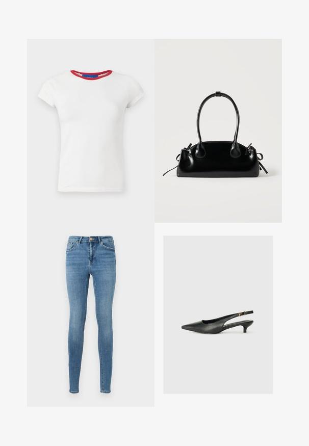 Hvid tætsiddende t-shirt med korte ærmer, rund mørkerød halsudskæring og mærke i kraven.; Blå høj talje skinny jeans med forlommer, bæltestropper, knaplukning og subtil falmning på lår og knæ.; Sorte spidse slingback-sko lavet af glat læder. Har en tynd hæl og en spænde detalje på den justerbare rem.; Lille sort blank håndtaske med to lange håndtag og snøre-detaljer i siden på en ensfarvet lys baggrund.