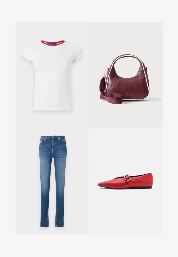 Camiseta blanca ajustada de manga corta con cuello redondo oscuro en rojo y etiqueta de la marca dentro del cuello.; Jeans de mezclilla azul deslavado con un corte recto. Presenta un cierre de botón y cremallera, cinco bolsillos y detalles de costura mínimos.; Zapato plano de cuero rojo con punta afilada, que presenta una correa lateral con una hebilla de metal y un tacón bajo negro. Textura suave en toda su superficie.; Bolso de mano de cuero tejido color granate con asa curva, ribete blanco, cremallera plateada y correa desmontable de tela ancha para el hombro sobre fondo liso.
