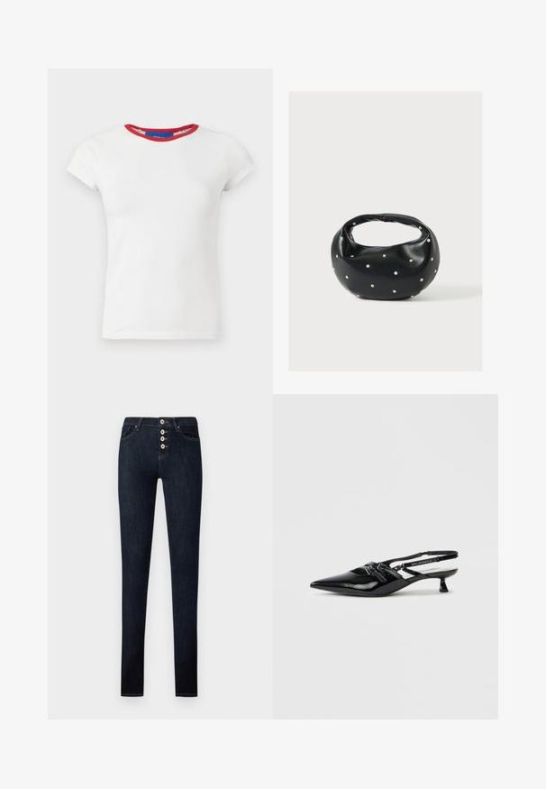 Hvid tætsiddende t-shirt med korte ærmer, rund mørkerød halsudskæring og mærke i kraven.; Mørkeblå slim-fit jeans med fem-knaps lukning, for- og baglommer, vist fladt mod en hvid baggrund.; Sort laklæder slingback-sko med spids tå, lille blokhæl og justerbar rem med udskæringsdetaljer og logoaccenter.; Sort læderhåndtaske med en rundet form, dekoreret med sølvnitter, og et kort håndtag. Glat tekstur og lynlåslukning.