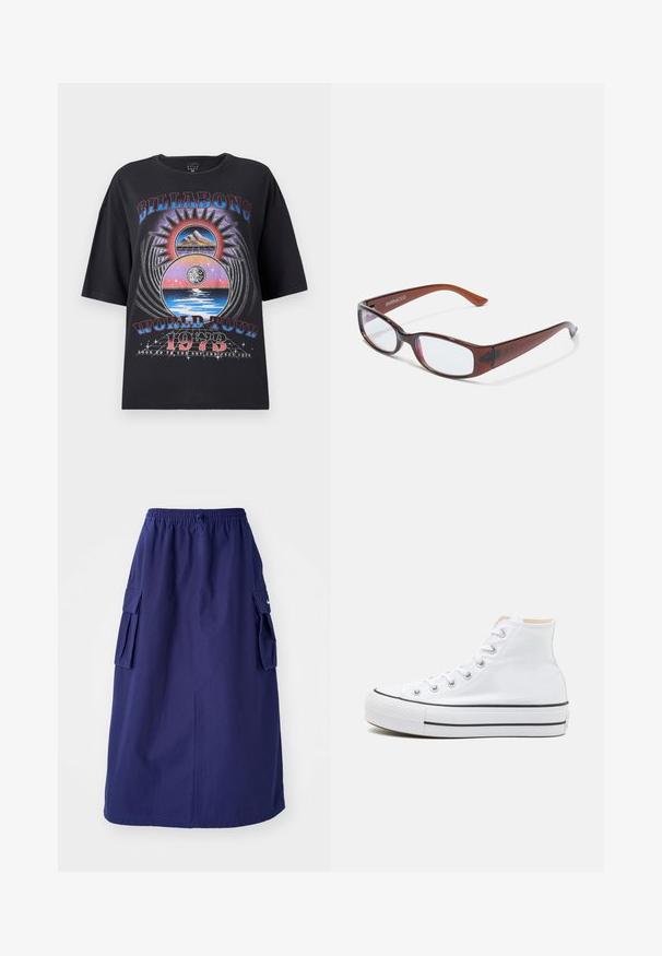 Μαύρο oversized t-shirt με πολύχρωμο γραφικό σχέδιο που περιλαμβάνει βουνά, ήλιο και στοιχεία νερού. Το κείμενο περιλαμβάνει "Billabong World Tour 1973."; Ναυτικό μπλε, μεσαίου μήκους φούστα με ελαστική μέση, που διαθέτει δύο πλαϊνές τσέπες cargo και μια μινιμαλιστική λεπτομέρεια λογοτύπου. Λείος υφασμάτινος ιστός.; Λευκά ψηλά αθλητικά παπούτσια από καμβά, με μαύρη καουτσούκ σόλα και αντίθετη μαύρη ρίγα στη μεσόσολα. Κυκλική μύτη και σχέδιο με κορδόνια.; Καφέ σκελετός γυαλιών σε ορθογώνιο σχήμα με γυαλιστερή φινίρισμα, διαθέτει λεπτά μπράτσα και διαφανείς φακούς. Το λογότυπο είναι ορατό στο αριστερό τιράντα.