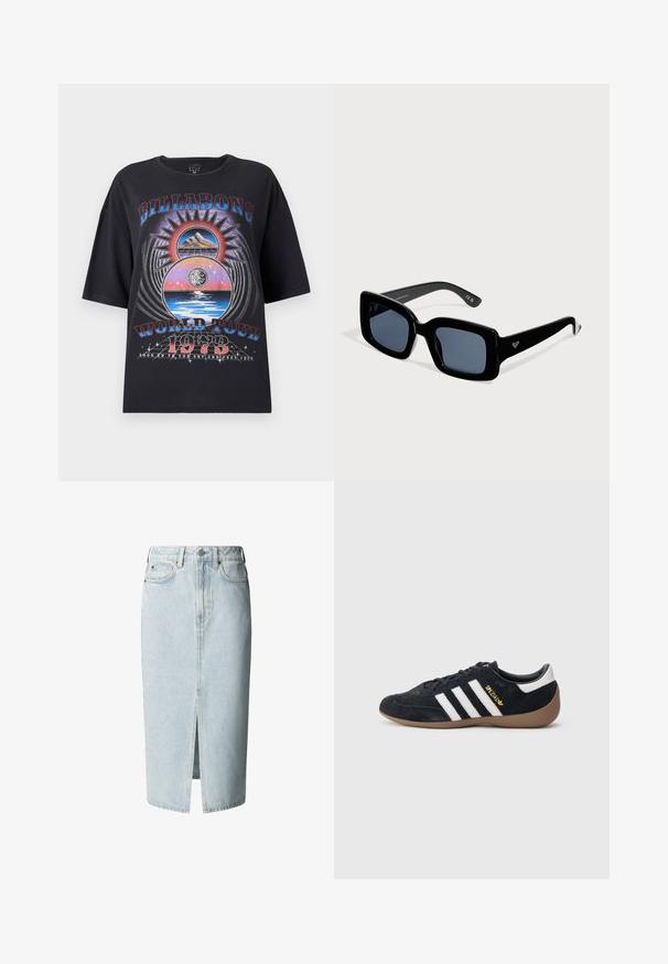 Zwarte oversized t-shirt met een kleurrijk graphic ontwerp met bergen, zon en water elementen. De tekst bevat "Billabong World Tour 1973."; Lichtblauwe denim midi-rok met voorsplit, ceintuurlussen, knoop- en ritssluiting, en voor- en achterzakken.; Zwarte suède sneaker met drie witte strepen, een rubberen gumzool en een klein gouden logo aan de zijkant. Heeft een gladde zwarte binnenvoering.; Zwarte zonnebril met vierkante montuur, donkere glazen en een klein logo op het pootje, getoond op een effen lichte achtergrond.