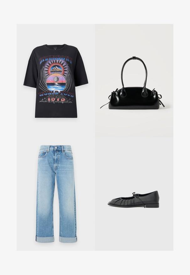 Μαύρο oversized t-shirt με πολύχρωμο γραφικό σχέδιο που περιλαμβάνει βουνά, ήλιο και στοιχεία νερού. Το κείμενο περιλαμβάνει "Billabong World Tour 1973."; Ανοιχτό μπλε τζιν παντελόνι με ίσια γραμμή, διαθέτοντας πέντε τσέπες, κλείσιμο με κουμπί και διπλωμένα μπατζάκια στο τελείωμα.; Μαύρο πλατφόρμα παπούτσι με πιεταρισμένη μπροστινή σχεδίαση και δεμένη φιγούρα στο πάνω μέρος, κοντό τακούνι και λεία υφή πάνω σε ανοιχτό γκρι φόντο.; Μικρή μαύρη γυαλιστερή τσάντα με δύο μακριές λαβές και λεπτομέρειες με ρυθμιζόμενο κορδόνι στο πλάι σε απλό ανοιχτό φόντο.