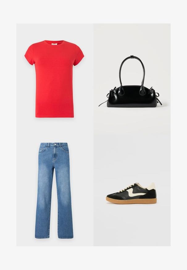 T-shirt rouge manches courtes col rond avec coupe slim, texture lisse, sans logos ni motifs visibles sur fond clair.; Jeans en denim bleu clair avec une taille haute, un design à jambes larges, cinq poches et des détails de couture visibles. Texture lisse avec un léger délavage.; Baskets en daim et cuir noir avec un swoosh latéral crème et un talon crème clair. Dotées de lacets beige et d'une semelle en caoutchouc gomme.; Petit sac à main noir brillant avec deux longues anses et des détails à cordon sur les côtés sur un fond clair uni.