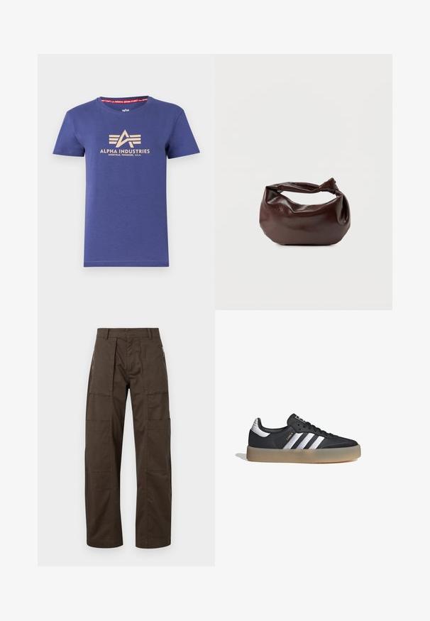 Camiseta de algodón azul marino de manga corta, con un estampado del logo en beige "ALPHA INDUSTRIES" y una etiqueta interior en rojo con texto.; Pantalones cargo marrones hechos de una tela resistente, con múltiples bolsillos, un corte relajado y detalles de costura prominentes para mayor durabilidad.; Zapatilla deportiva de cuero negro con tres rayas plateadas, punta texturizada y suela de goma. Cuenta con un collar acolchado y un diseño con cordones.; Bolso de hombro de cuero marrón oscuro con una forma suave y caída, y un asa con nudo torcido sobre un fondo blanco liso.