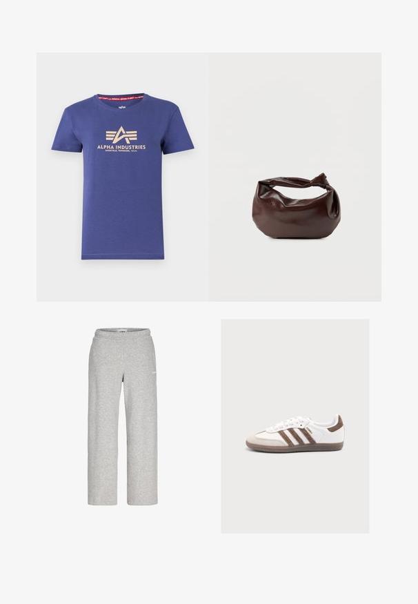 Tumesinine puuvillane t-särk lühikeste varrukatega, millel on beež logo trükk "ALPHA INDUSTRIES" ning punane sisekaela silt tekstiga.; Helehallid sirge lõikega dressipüksid elastse vöökohaga ja väike valge logo reie ülaosas.; Valge Adidas Samba toss pruuni seemisnahast triipude, pruuni kontsa plaastri, beeži varbakaitse ja poolläbipaistva kummist tallaga, nähtavalt küljelt.; Tumepruunast nahast õlakott, pehme ja lõdva vormiga, keeratud sõlme tüüpi sangaga, valgel ühevärvilisel taustal.