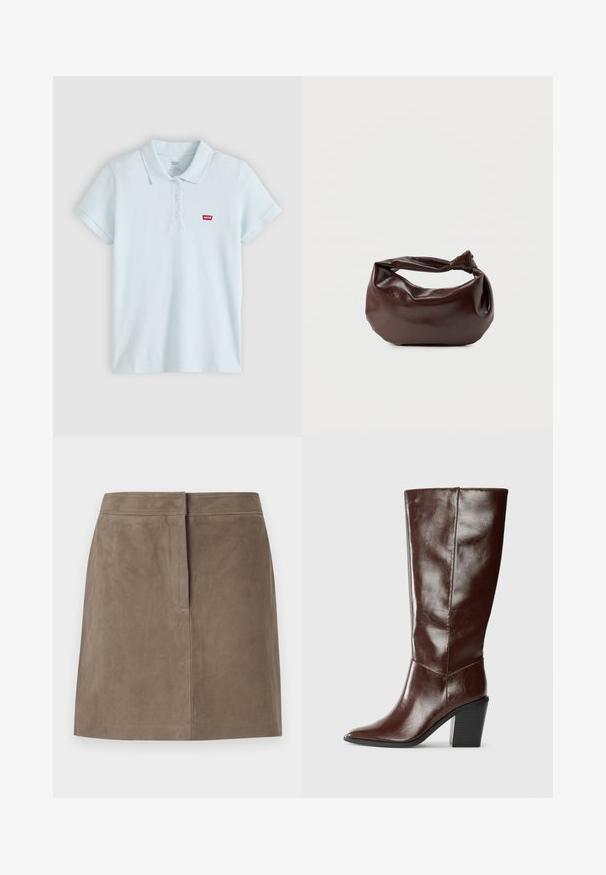 Polo à manches courtes bleu clair avec trois boutons et un petit logo Levi's rouge sur la poitrine gauche.; Jupe en suede taupe, longueur genou, avec une coupe droite et un détail de couture dissimulé à l'avant, sur fond uni.; Botte haute en cuir marron foncé avec un bout pointu et un talon empilé, présentée de côté sur un fond uni.; Sac bandoulière en cuir marron foncé avec une forme souple et décontractée et une anse nouée torsadée sur un fond blanc uni.