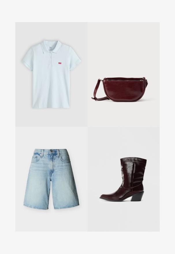 Polo à manches courtes bleu clair avec trois boutons et un petit logo Levi's rouge sur la poitrine gauche.; Shorts en denim bleu clair avec poches avant, passants pour ceinture, fermeture par bouton, et effet délavé.; Bottines en cuir bourgogne avec un bout pointu, une surface texturée et un petit talon effilé. Présente une couture discrète et un ajustement confortable.; Sac à main en cuir marron foncé avec une forme en demi-lune, une fermeture éclair et une bandoulière amovible. Texture lisse avec un léger éclat.