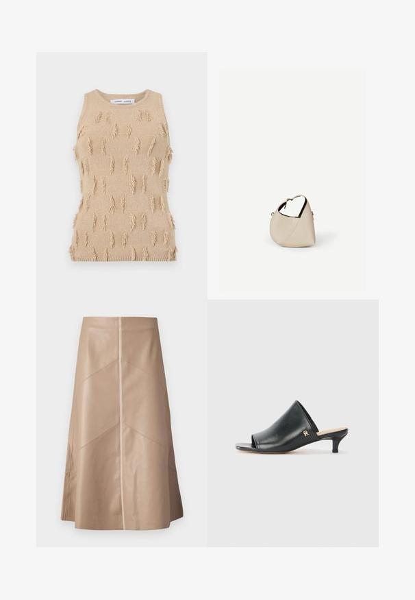 Beige ærmeløs strikket top med tekstureret design, spredte frynseaccents samt ribstrikket halsudskæring og kant.; Beige faux læder A-line nederdel med diskrete paneldetaljer og en glat mat overflade, knælang og højliv.; Sorte læder open-toe mules med en lav hæl. Har en glat overflade og et guld logo-prim på siden.; Beige læder håndtaske i halvmåneform med en enkelt skulderrem og minimal syning, sat mod en ensartet hvid baggrund.