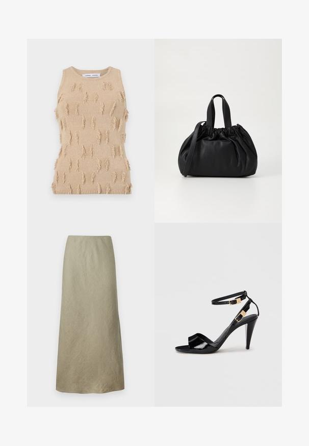 Beige ærmeløs strikket top med tekstureret design, spredte frynseaccents samt ribstrikket halsudskæring og kant.; Knælang, A-line nederdel i blødt, olivengrønt stof med en subtil tekstur og uden synlige lukninger eller udsmykninger.; Sorte patentlæder højhælede sandaler med dobbelte ankelremme og guldspænder, åben tå og slank taperet hæl på neutral baggrund.; Sort læderhåndtaske med en samlet topdesign, der har to korte håndtag og en lang justerbar rem. Glat overflade, rund form.