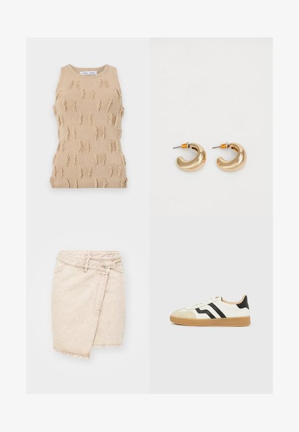Beige ærmeløs strikket top med tekstureret design, spredte frynseaccents samt ribstrikket halsudskæring og kant.; Beige denim miniskirt med et omviklet design, der har en knaplukning, synlige sømme og en let slidt tekstur.; Hvid sneaker med beige tåhæt, sorte sidelister, lysebrun sål og lavt snit.; To skinnende guldøreringe i et buet design med orange accenter nær stikket, sat mod en enkel hvid baggrund.