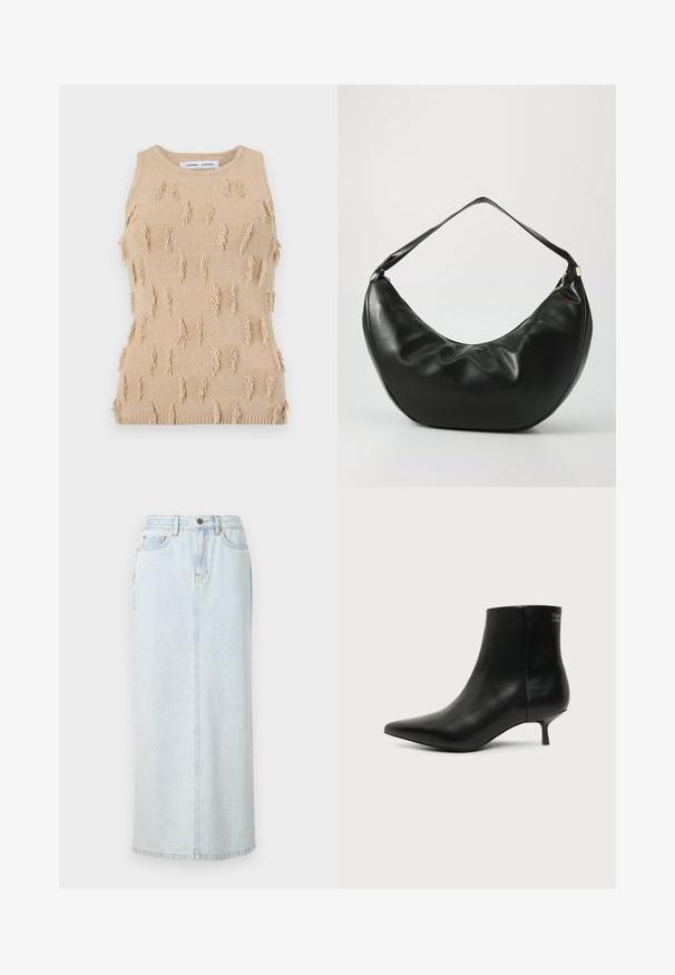 Beige ærmeløs strikket top med tekstureret design, spredte frynseaccents samt ribstrikket halsudskæring og kant.; Lyseblå denim maxi-nederdel med lige design, frontknaplukning og synlige syninger. Har to frontlommer.; Sort læder ankelstøvle med spids tå og lav kitten hæl på lys baggrund, der viser yderside.; Sort læder skuldertaske med en buet form, blød tekstur og en enkelt rem; har en guldbeslået lynlås og diskret branding.