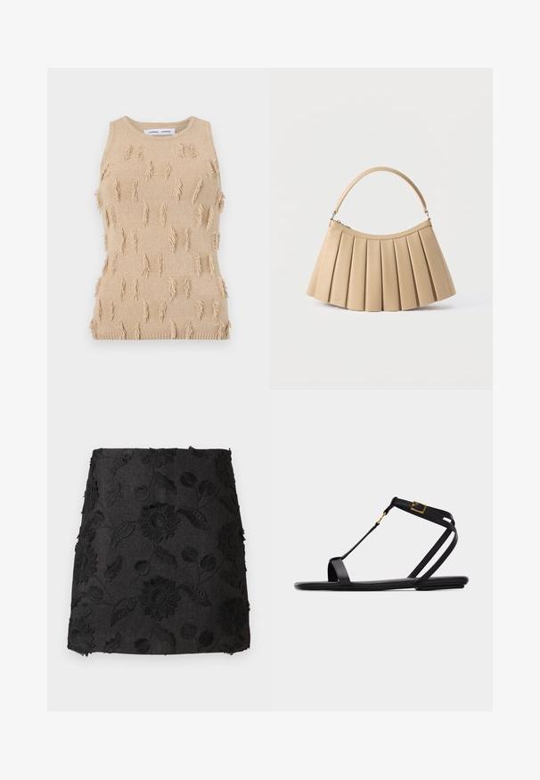 Beige ærmeløs strikket top med tekstureret design, spredte frynseaccents samt ribstrikket halsudskæring og kant.; Sort denimsnørk med broderede blomstermønstre i sort. Har en tætsiddende silhuet og frynset kantdetalje.; Sort flad sandal med tynde stropper, ankelspænde og T-stropdesign på en enkel lys baggrund.; Beige plisseret håndtaske med buet toplynlås og enkelt buet håndtag, vist på hvid baggrund.