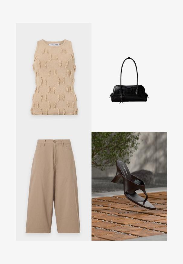 Beige ærmeløs strikket top med tekstureret design, spredte frynseaccents samt ribstrikket halsudskæring og kant.; Kaki breddeben bukser lavet af bomuld, med høj talje, forlommer og en enkelt knaplukning. Glat tekstur og lige snit.; Brun Calvin Klein hælet thong sandal svævende over træflise og grus udendørs med sløret grønt og stenmur i baggrunden.; Sort skuldertaske i krokodillelæder med lange stropper og lille sølvlogo-charm på den ene strop.
