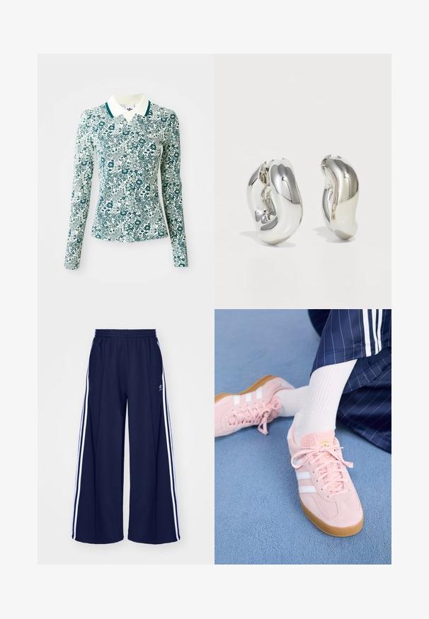 Dlhý rukáv priliehavá košeľa s tyrkysovo-bielym kvetinovým vzorom a bielym golierom s tyrkysovým lemovaním na jednolatom pozadí.; adidas Originals PANT - Tepláky - night indigo; Svetloružové semišové tenisky s bielymi pruhmi a šnúrkami, s textúrovaným jazykom a gumenou podrážkou, umiestnené na modrom koberci.; Strieborné sochárske náušnice s hladkými, zakrivenými tvarmi a reflexnými povrchmi. Obsahujú uzavretý kruhový dizajn a výraznú organickú formu.