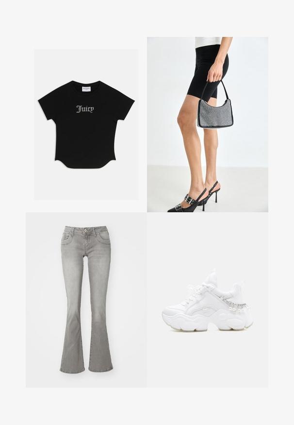 Sort kortærmet T-shirt med rund bund og raglanærmer. Har pyntet "Juicy" tekst i rhinsten på forsiden.; Grå flagrende jeans med en middelhøj talje, frontlommer og knaplukning, lavet af denimstof med en glat tekstur.; Hvid chunky sneaker med tyk sål, snørelukning foran og kædedetalje med hængende perler på hælen.; Sort perlehandtaske med en buet silhuet, bærehåndtag og blank overflade. Båret med højhælede sorte sko og tætsiddende sorte shorts.