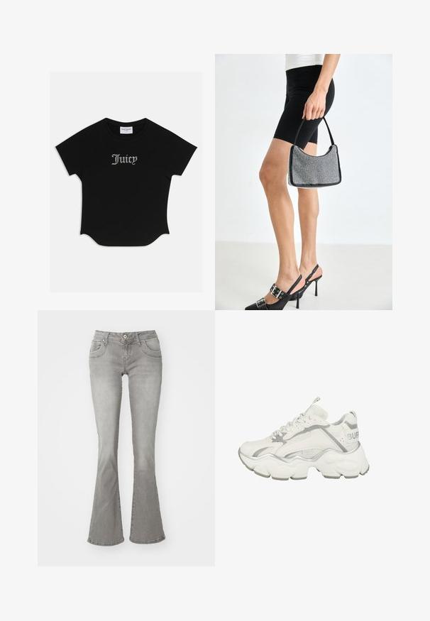 Sort kortærmet T-shirt med rund bund og raglanærmer. Har pyntet "Juicy" tekst i rhinsten på forsiden.; Grå flagrende jeans med en middelhøj talje, frontlommer og knaplukning, lavet af denimstof med en glat tekstur.; Kraftig hvid sneaker med tyk, skulptureret sål, grå accenter, meshpaneler, snørebånd og "BUFF" mærkning på hælflappen.; Sort perlehandtaske med en buet silhuet, bærehåndtag og blank overflade. Båret med højhælede sorte sko og tætsiddende sorte shorts.