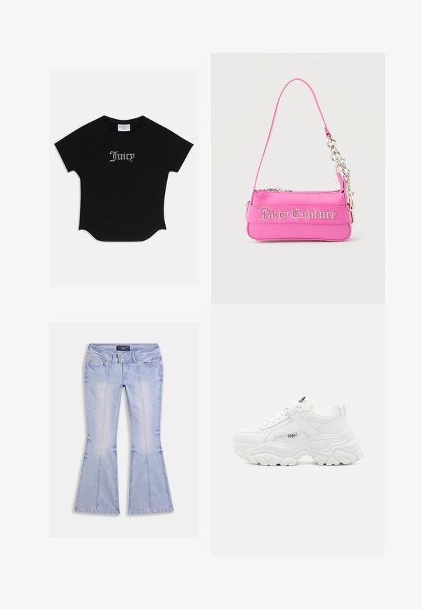 Sort kortærmet T-shirt med rund bund og raglanærmer. Har pyntet "Juicy" tekst i rhinsten på forsiden.; Lyseblå flare jeans med lommer foran og bagpå, dobbelt knaplukning og synlige sømme hele vejen rundt.; Hvide chunky sneakers med en glat læderoverdel, rund tå og tyk tekstureret sål med et synligt brandlogo på siden.; Lille lys pink Juicy Couture håndtaske med sølvkædedetalje og logotekst på forsiden, enkelt smalt skulderrem.