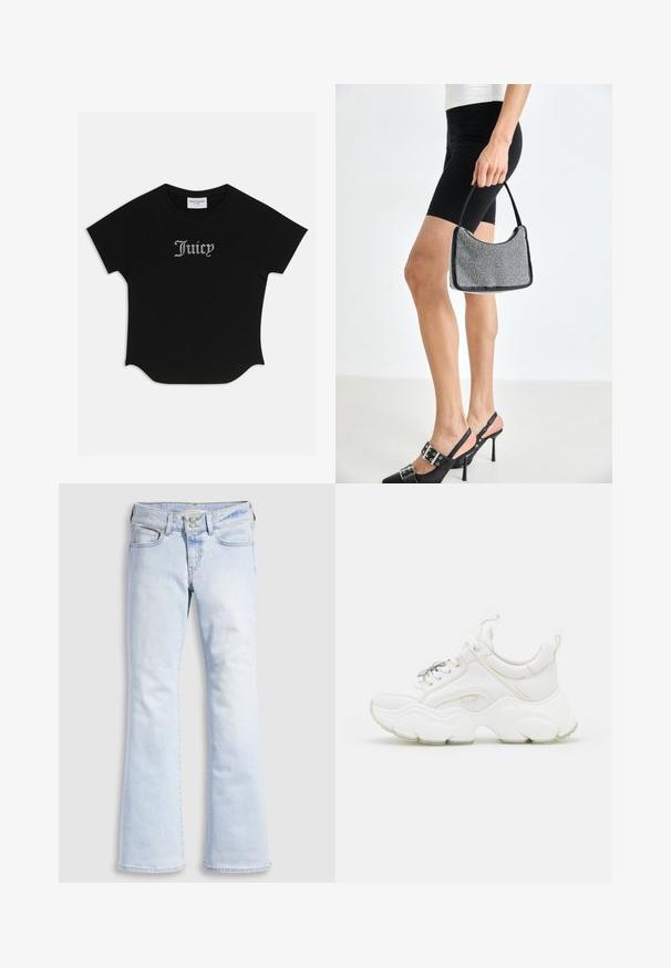 Sort kortærmet T-shirt med rund bund og raglanærmer. Har pyntet "Juicy" tekst i rhinsten på forsiden.; Lyseblå denim jeans med vide ben og høj talje, med knaplukning, fem lommer og subtile slidmærker ved hofterne.; Hvide chunky sneakers lavet af læder og mesh-materialer, med en tyk sål, rund tå og dekorative snørebånd. Let teksturerede detaljer.; Sort perlehandtaske med en buet silhuet, bærehåndtag og blank overflade. Båret med højhælede sorte sko og tætsiddende sorte shorts.